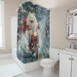 American Eskimo Dog Riding Motorcycle Christmas Shower Curtain