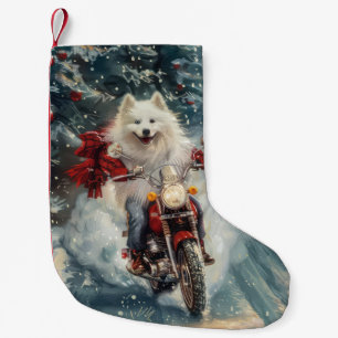 American Eskimo Dog Riding Motorcycle Christmas Small Christmas Stocking