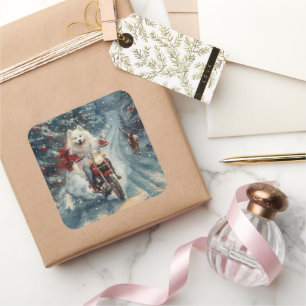 American Eskimo Dog Riding Motorcycle Christmas  Square Sticker