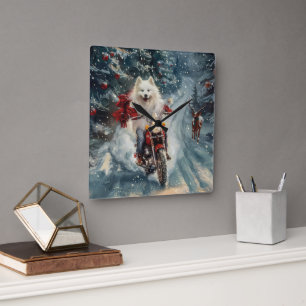 American Eskimo Dog Riding Motorcycle Christmas Square Wall Clock