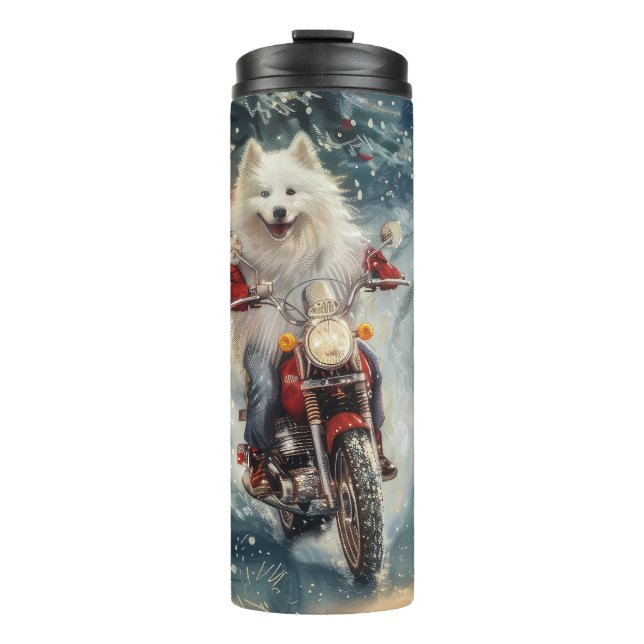 American Eskimo Dog Riding Motorcycle Christmas  Thermal Tumbler (Front)