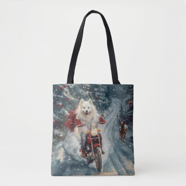 American Eskimo Dog Riding Motorcycle Christmas  Tote Bag (Front)