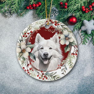 American Eskimo Dog Rustic Christmas Wreath Ceramic Tree Decoration