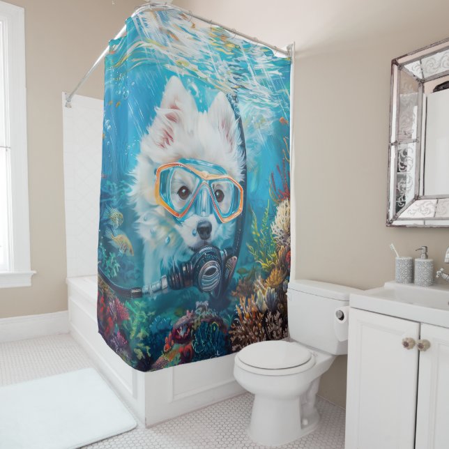 American Eskimo Dog Scuba Diving Underwater Shower Curtain (In Situ)