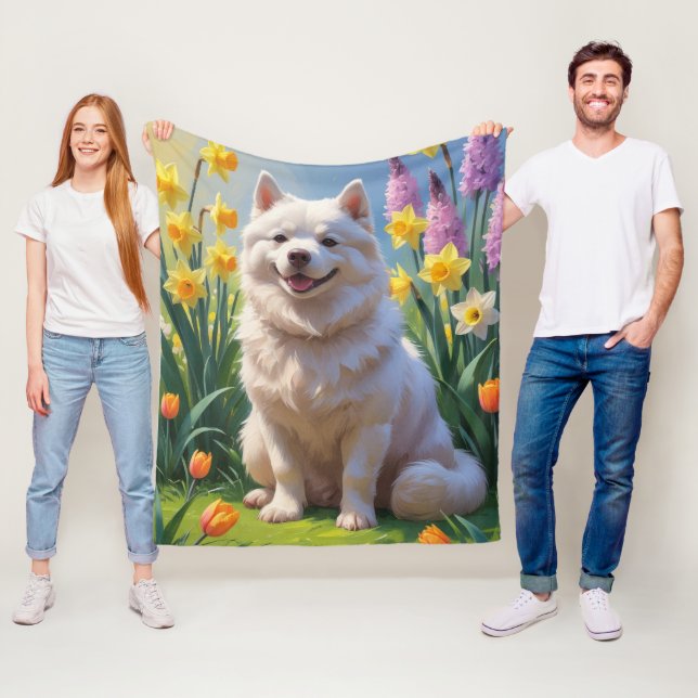 American Eskimo Dog Spring Flowers Painting Fleece Blanket (In Situ)