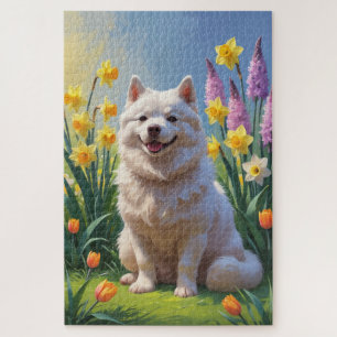 American Eskimo Dog Spring Flowers Painting Jigsaw Puzzle