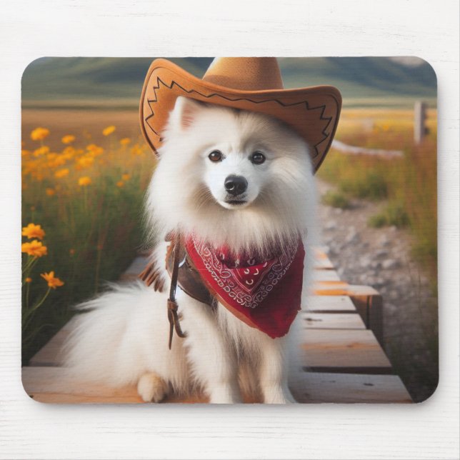 American Eskimo Dog wearing a Cowboy Hat Brown Mouse Mat (Front)