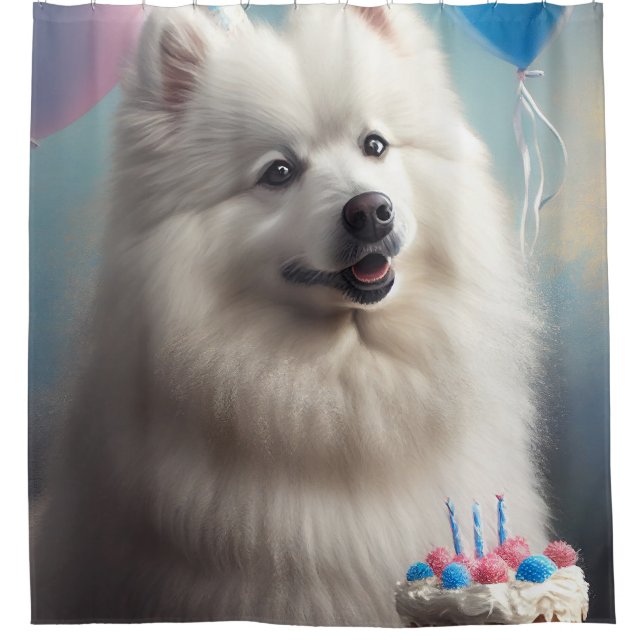 American eskimo dog with balloons birthday shower curtain (Front)