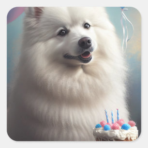 American eskimo dog with balloons birthday square sticker