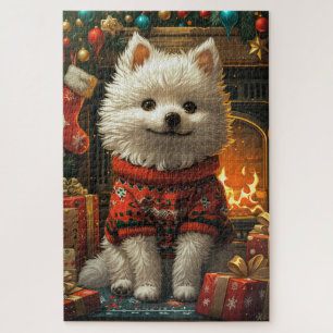 American Eskimo Dog With Christmas Gifts Fireplace Jigsaw Puzzle