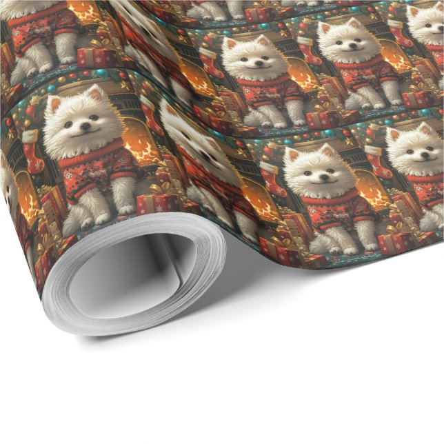 American Eskimo Dog With Christmas Gifts Fireplace Wrapping Paper (Roll Corner)