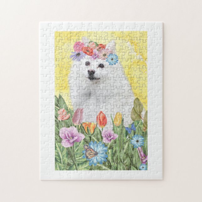 American Eskimo Dog with Flowers Spring Jigsaw Puzzle (Vertical)