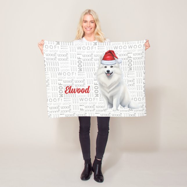 American Eskimo Dog with Name Christmas Holiday Fleece Blanket (In Situ)