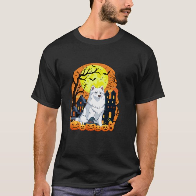American Eskimo Dog With Pumpkin Funny Scary Hallo T-Shirt (Front)
