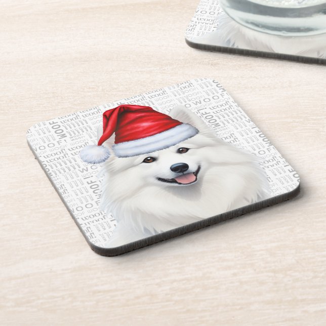 American Eskimo Dog Woof Word Art Holiday Coaster (Left Side)