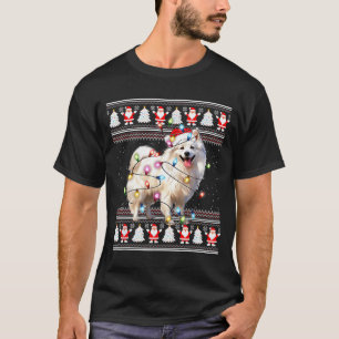 American Eskimo Dog Xmas Lights Ugly Sweater Chris