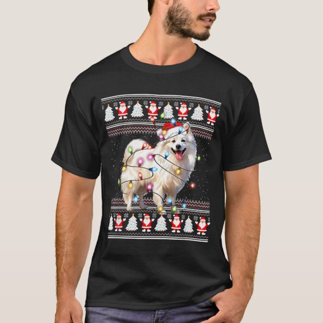 American Eskimo Dog Xmas Lights Ugly Sweater Chris (Front)