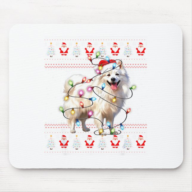 American Eskimo Dog Xmas Lights Ugly Sweater Chris Mouse Mat (Front)