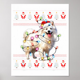 American Eskimo Dog Xmas Lights Ugly Sweater Chris Poster