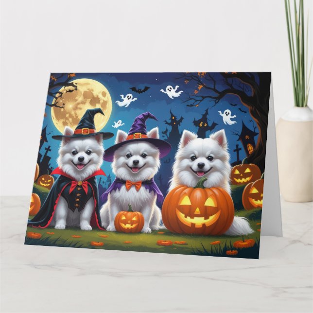 American Eskimo Dogs Pumpkin Halloween Funny Card (Front)