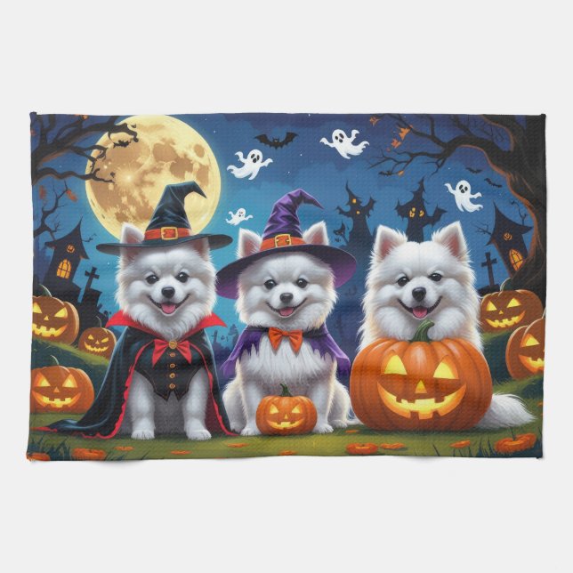 American Eskimo Dogs Pumpkin Halloween Funny Tea Towel (Horizontal)