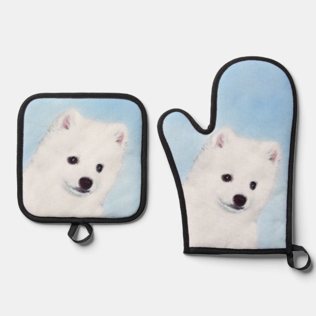 American Eskimo Eskie Puppy Painting Cute Dog Art  Oven Mitt & Pot Holder Set (Front)