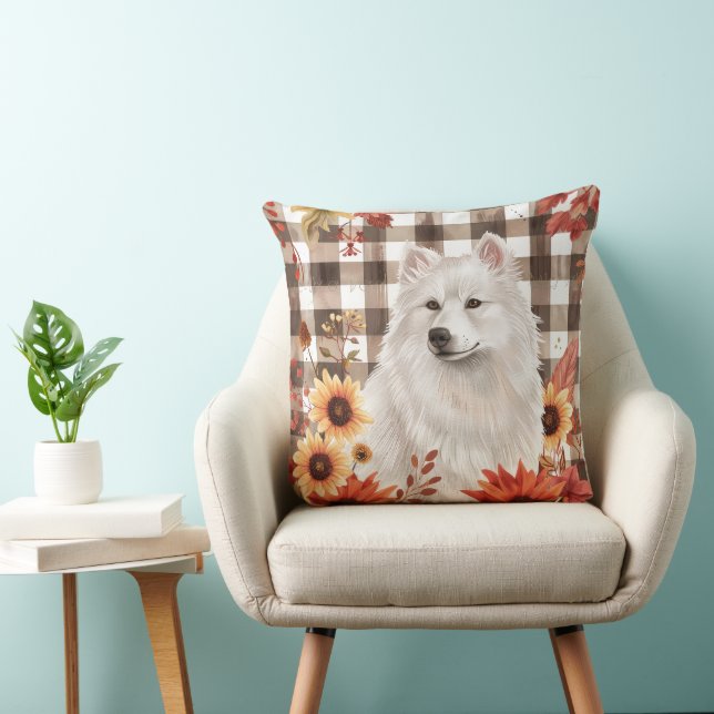 American Eskimo Fall Watercolor Flowers Cushion (Chair)