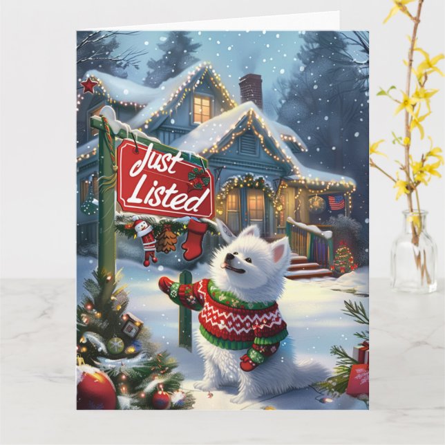 American Eskimo Festive Humour Realtor Christmas Card (Yellow Flower)