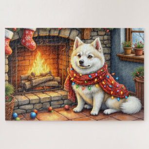 American Eskimo Fireplace with Christmas Lights Jigsaw Puzzle