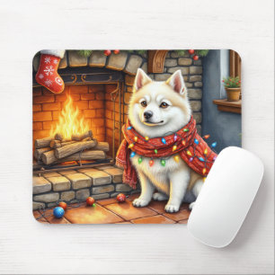 American Eskimo Fireplace with Christmas Lights Mouse Mat