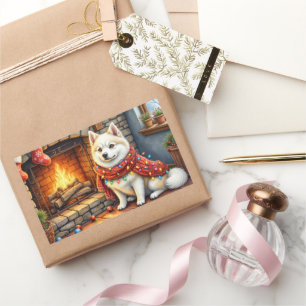 American Eskimo Fireplace with Christmas Lights Rectangular Sticker