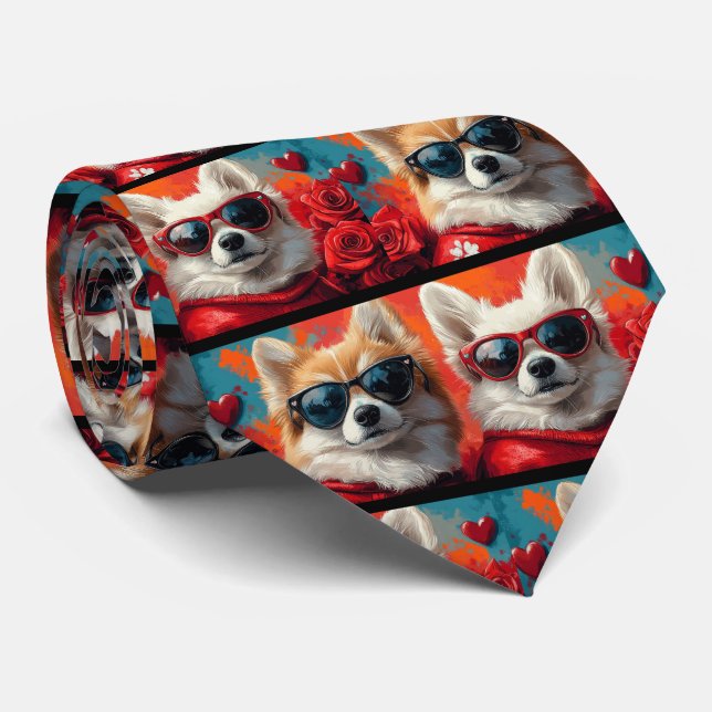 American Eskimo Heart Roses Valentine's Day Tie (Rolled)