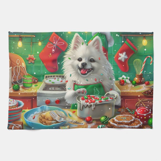 American Eskimo Holiday Baking: Festive Christmas Tea Towel (Horizontal)