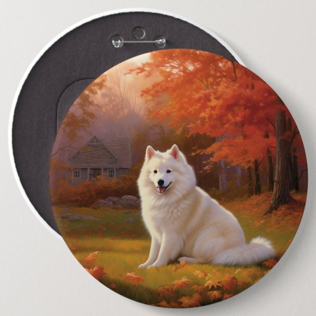 American Eskimo in Autumn Leaves Fall Inspired 6 Cm Round Badge (Front & Back)