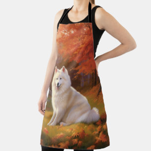 American Eskimo in Autumn Leaves Fall Inspired Apron