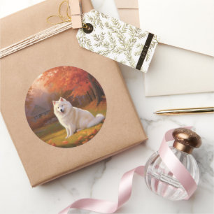 American Eskimo in Autumn Leaves Fall Inspired Classic Round Sticker