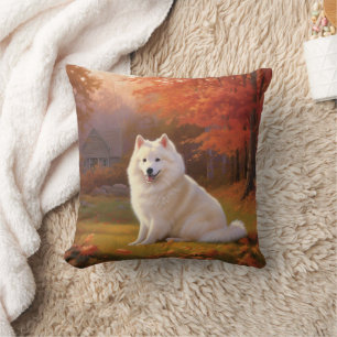 American Eskimo in Autumn Leaves Fall Inspired Cushion