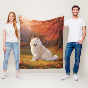 American Eskimo in Autumn Leaves Fall Inspired Fleece Blanket