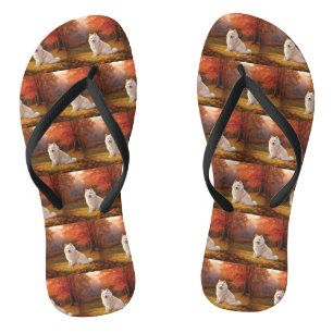 American Eskimo in Autumn Leaves Fall Inspired Flip Flops