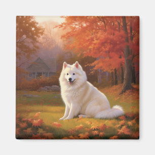 American Eskimo in Autumn Leaves Fall Inspired Magnet