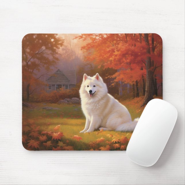 American Eskimo in Autumn Leaves Fall Inspired Mouse Mat (With Mouse)