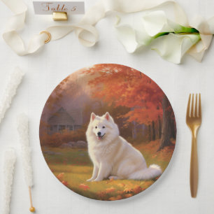 American Eskimo in Autumn Leaves Fall Inspired Paper Plate