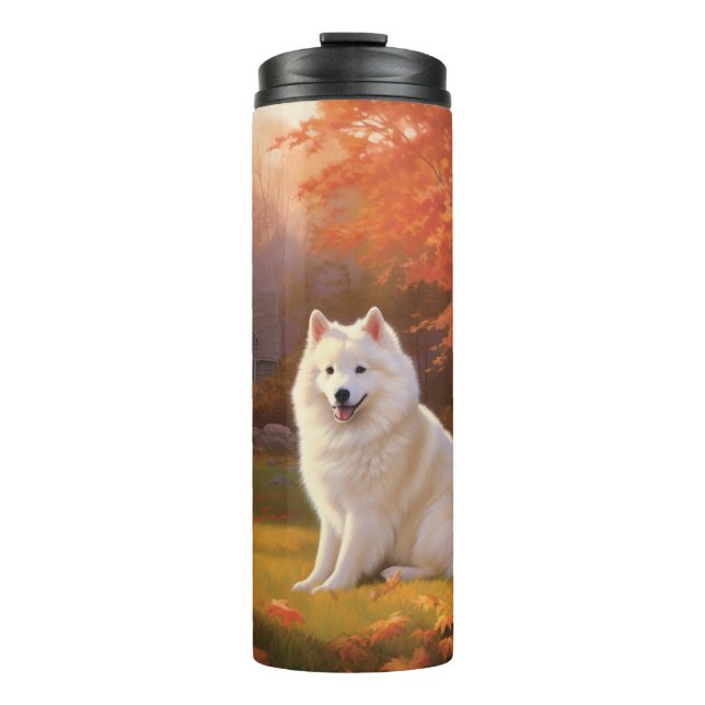 American Eskimo in Autumn Leaves Fall Inspired Thermal Tumbler (Front)