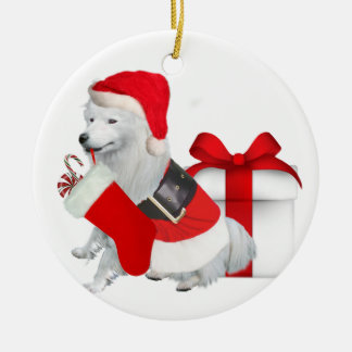 American Eskimo in santa suite Ceramic Tree Decoration