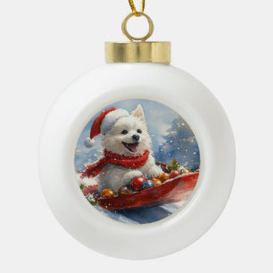 American Eskimo in Sledge Let it Snow Christmas Ceramic Ball Christmas Ornament