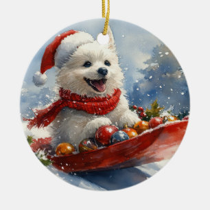 American Eskimo in Sledge Let it Snow Christmas Ceramic Tree Decoration