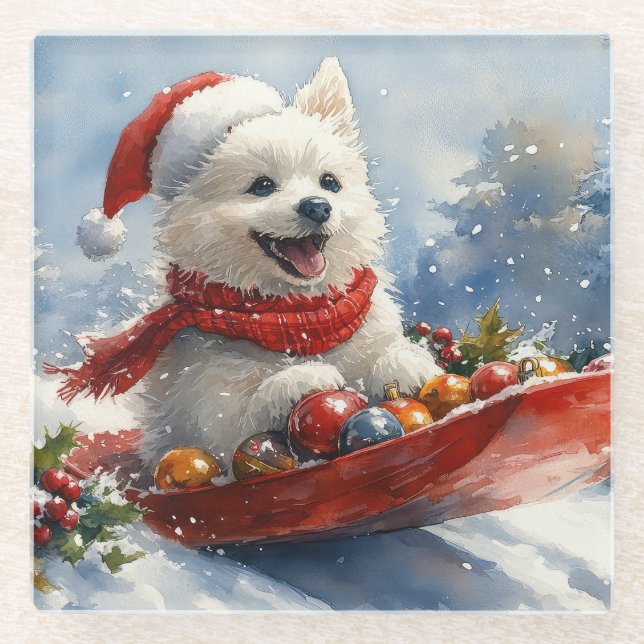 American Eskimo in Sledge Let it Snow Christmas Glass Coaster (Front)