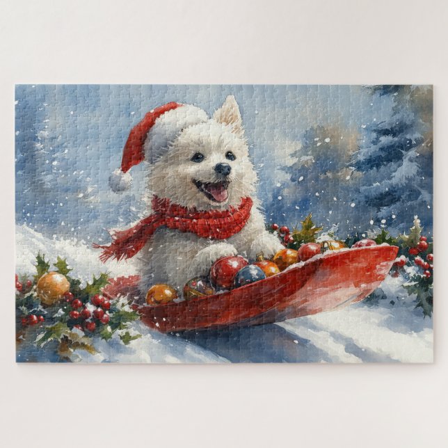 American Eskimo in Sledge Let it Snow Christmas Jigsaw Puzzle (Horizontal)