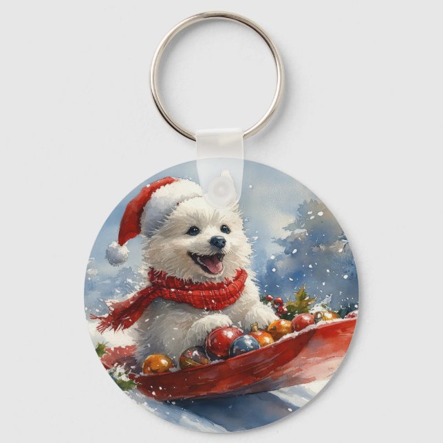 American Eskimo in Sledge Let it Snow Christmas Key Ring (Front)