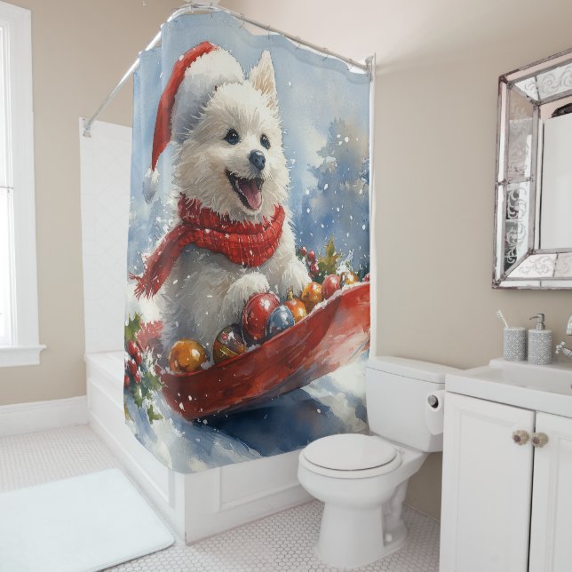 American Eskimo in Sledge Let it Snow Christmas Shower Curtain (In Situ)